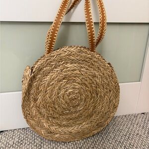 Round Woven Straw Bag with Tan Straps